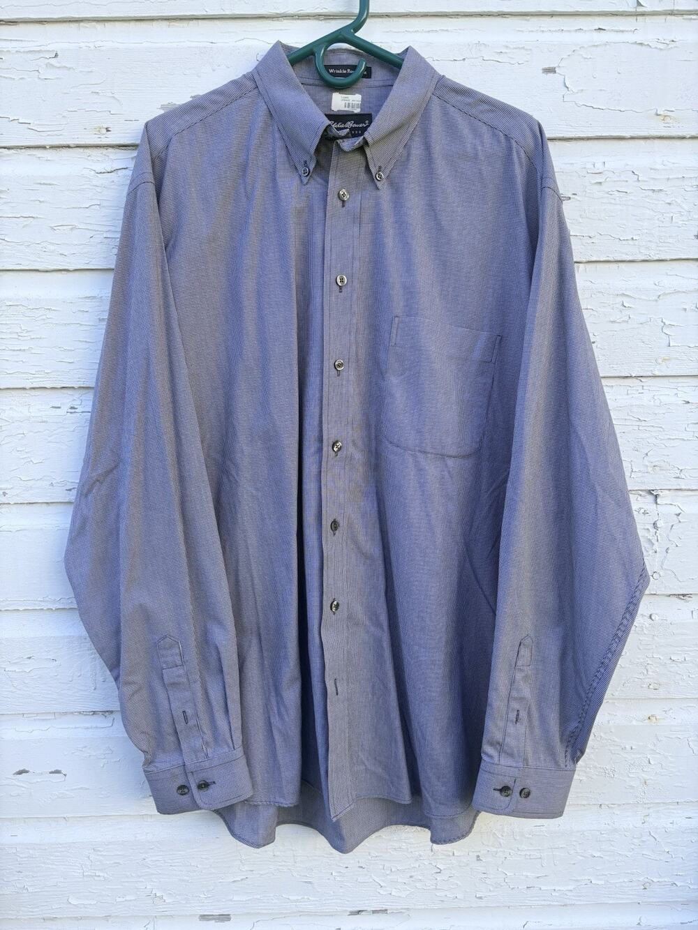 Eddie Bauer Button Down Shirt XLT Gray Mini Check Wrinkle Resistant 100% Cotton